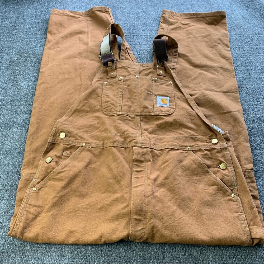 VTG Carhartt Overalls Bibs Mens 40x34 Canvas Brown Farmer Workwear 100% Cotton